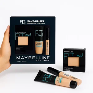 Maybelline Fit Me Makeup Set including liquid foundation, powder, and concealer for flawless coverage 1